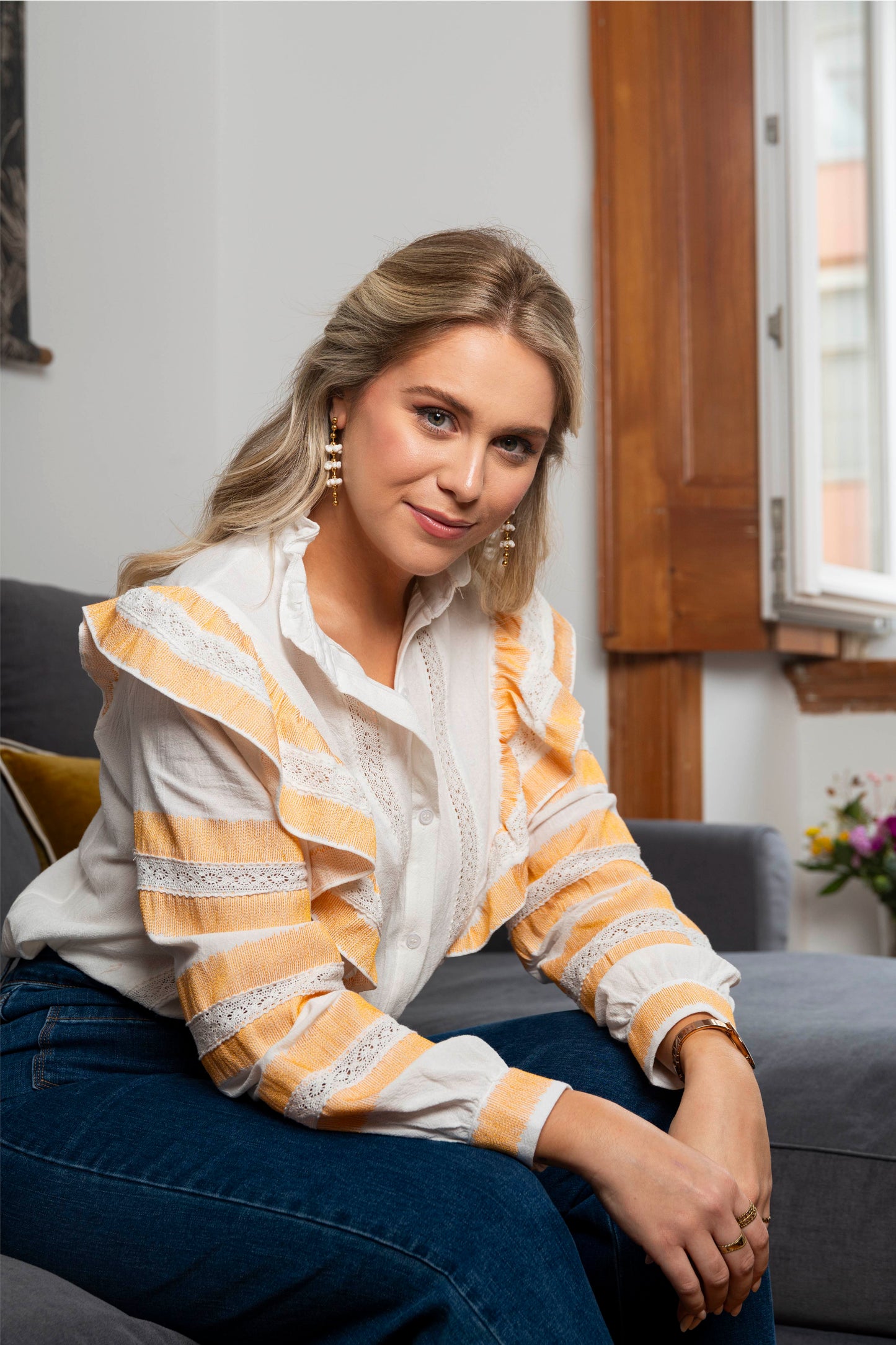 White and orange ruffled shirt