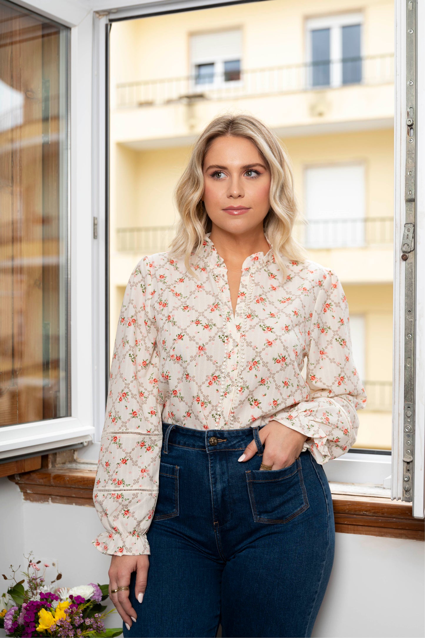 White shirt with rose pattern