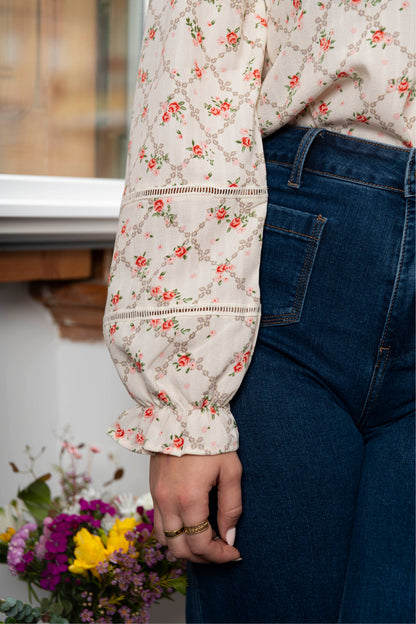 White shirt with rose pattern